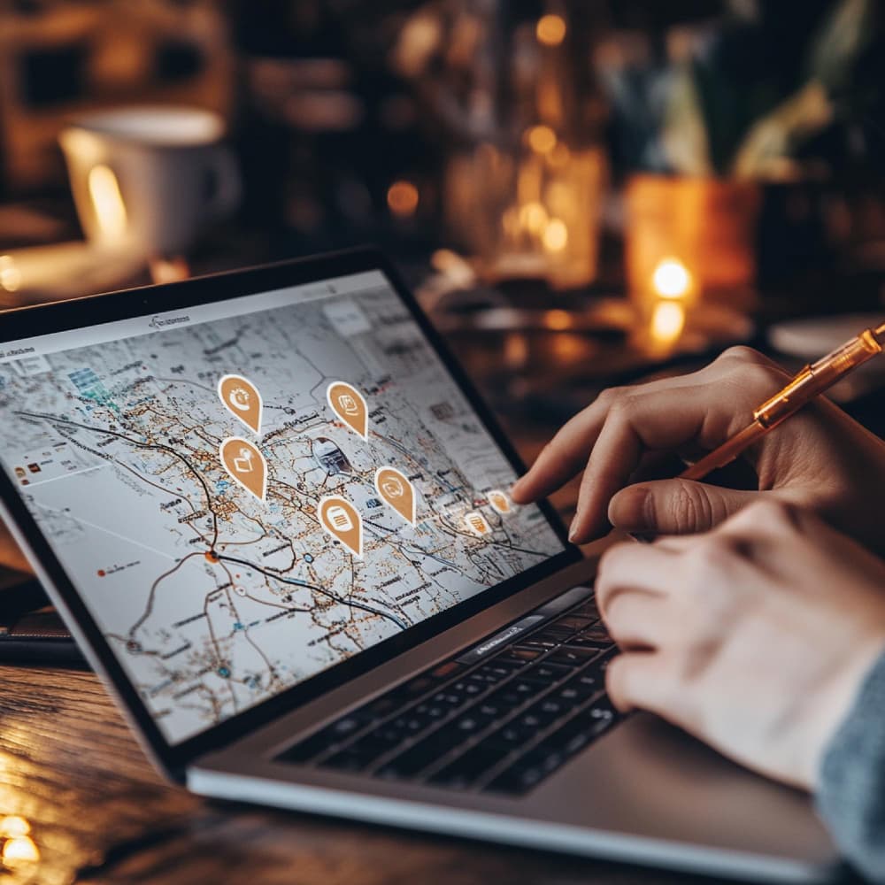 local business owner laptop AI search dashboard Google Maps website analytics modern office